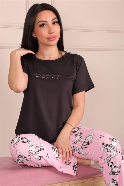 Sloganlı Altı Desenli Kısa Kol Pijama Takımı SİYAH