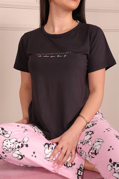 Sloganlı Altı Desenli Kısa Kol Pijama Takımı SİYAH