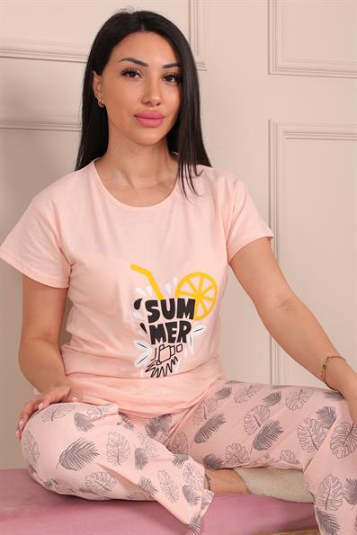 Summer Sloganlı Kısa Kol Alt Uzun Pijama Takımı SOMON