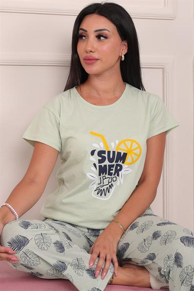 Summer Sloganlı Kısa Kol Alt Uzun Pijama Takımı Mint