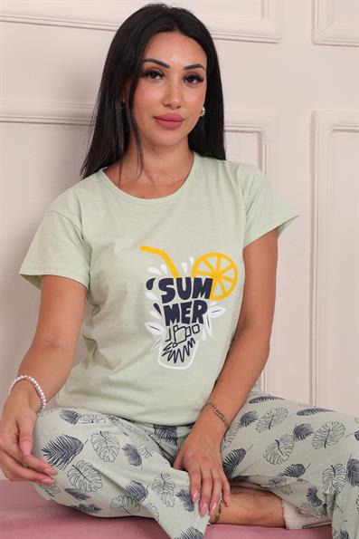 Summer Sloganlı Kısa Kol Alt Uzun Pijama Takımı Mint