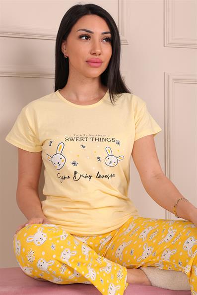 Sweet Things Sloganlı Bisiklet Yaka Kısa Kollu Pijama Takımı SARI 