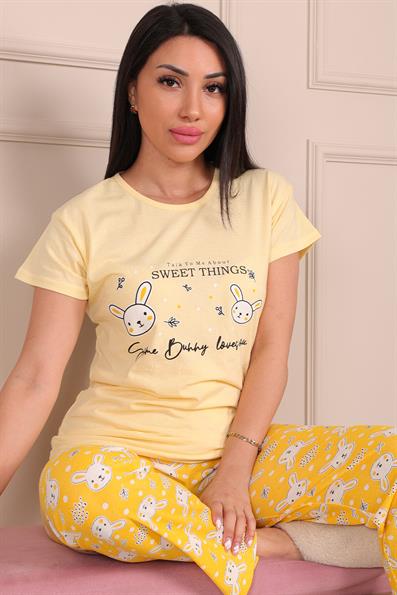 Sweet Things Sloganlı Bisiklet Yaka Kısa Kollu Pijama Takımı SARI 