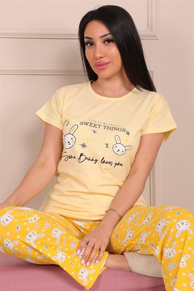 Sweet Things Sloganlı Bisiklet Yaka Kısa Kollu Pijama Takımı SARI 