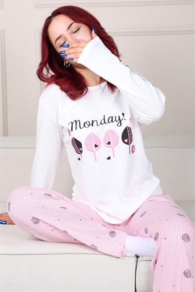 Yaprak Desenli Uzun Kollu Pijama Takımı BEYAZ