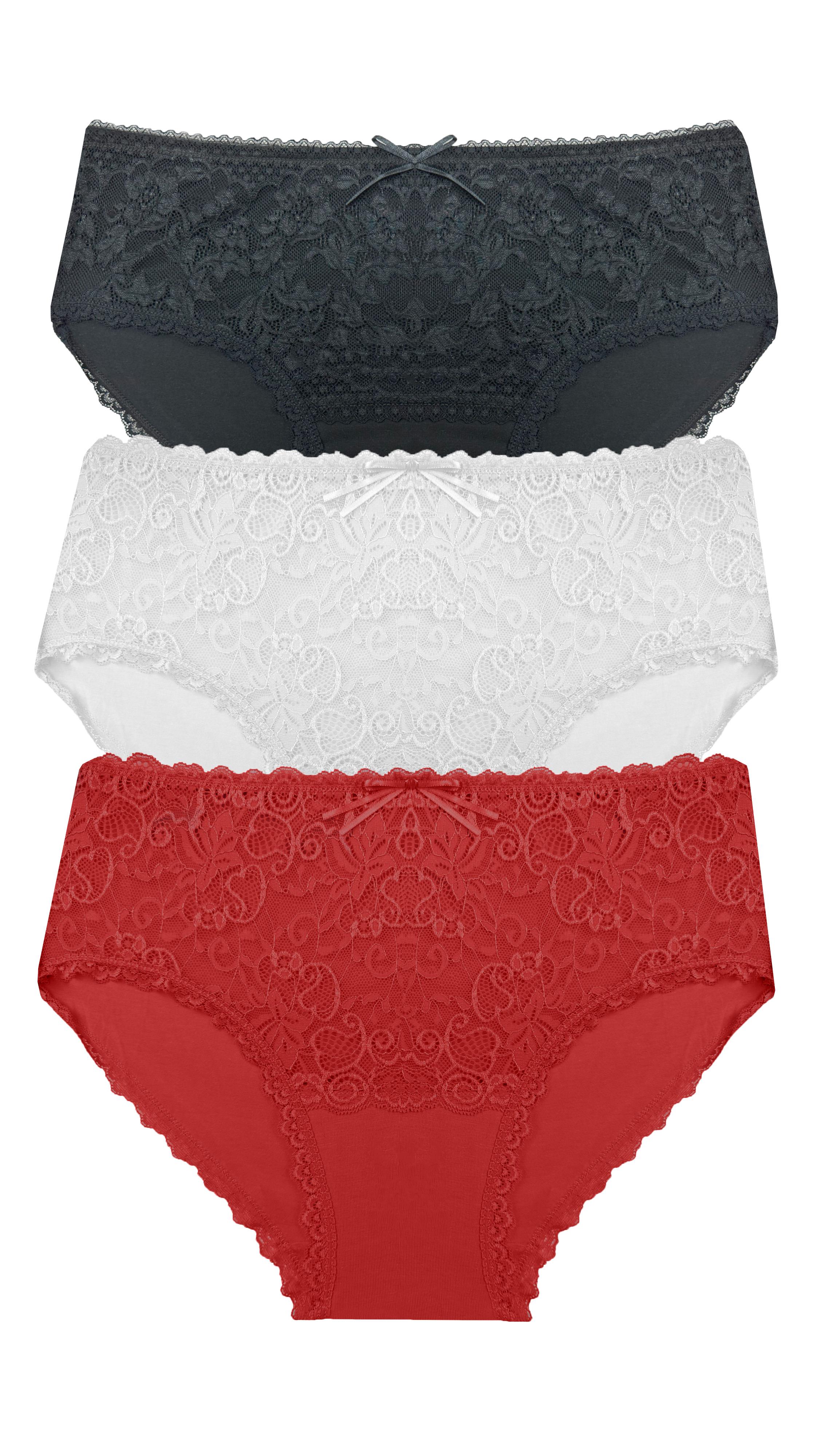 3-Piece Lace Bato Slip Panties Set RED-WHITE-BLACK