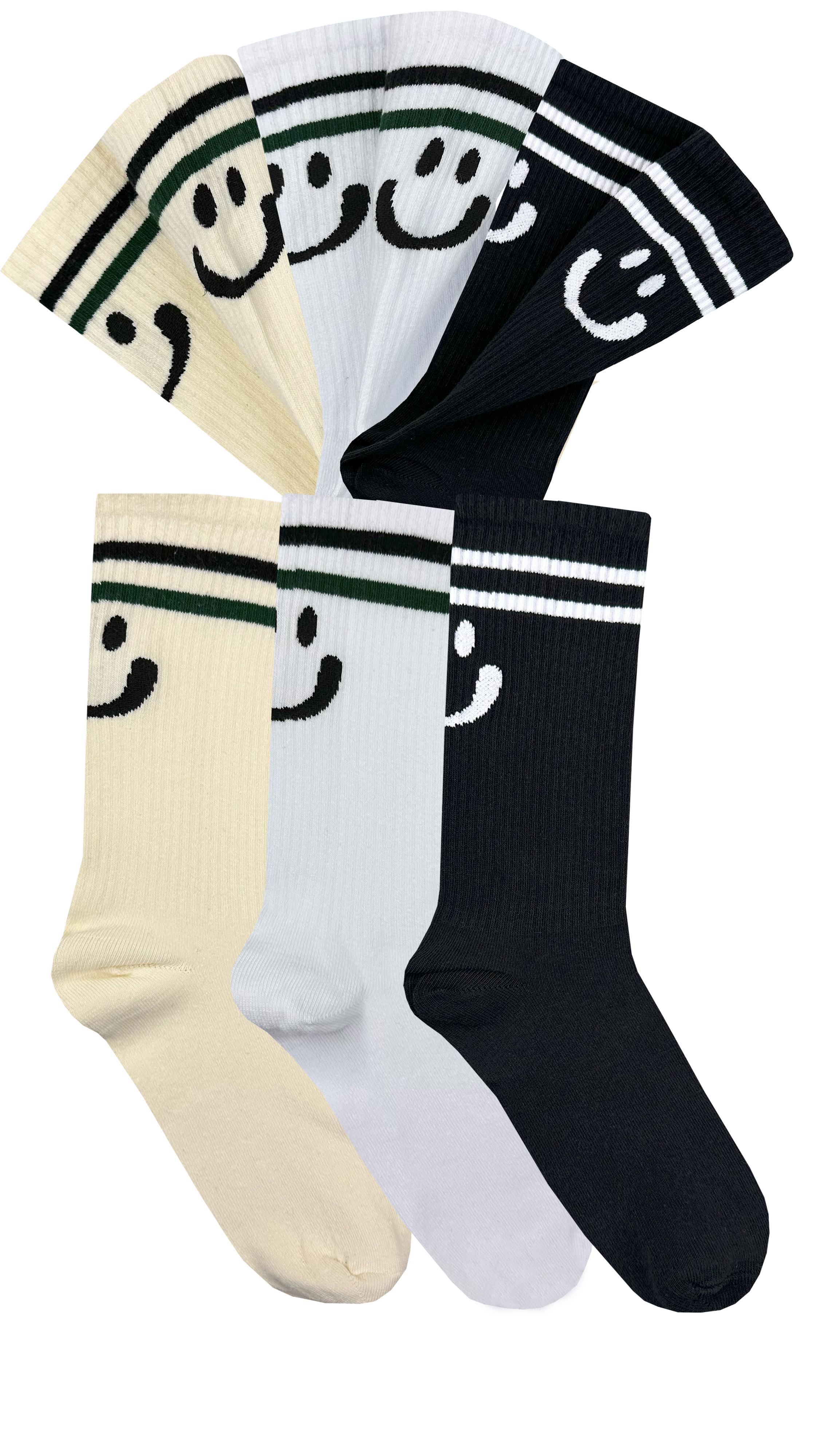 Set of 6 Smiley Patterned Striped Tennis Socks ASORTI