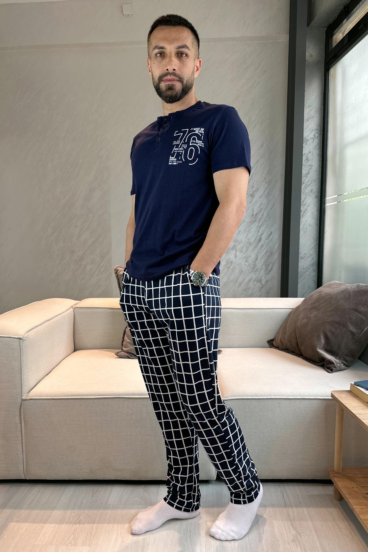 Alt Ekoseli Kısa Kol Erkek Pijama Takımı LACİVERT
