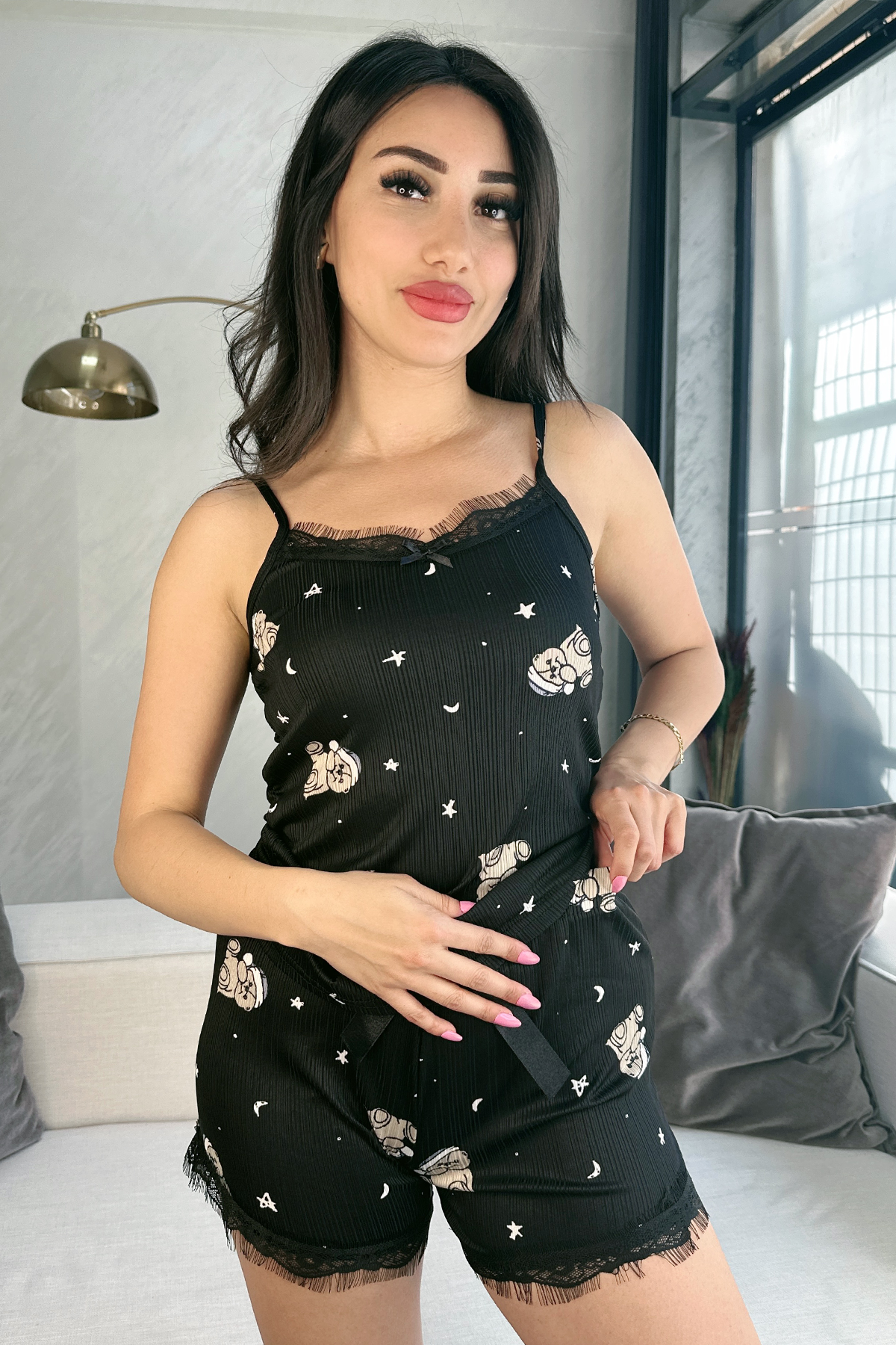 Ayıcık Desenli İp Askılı Şortlu Pijama Takımı SİYAH