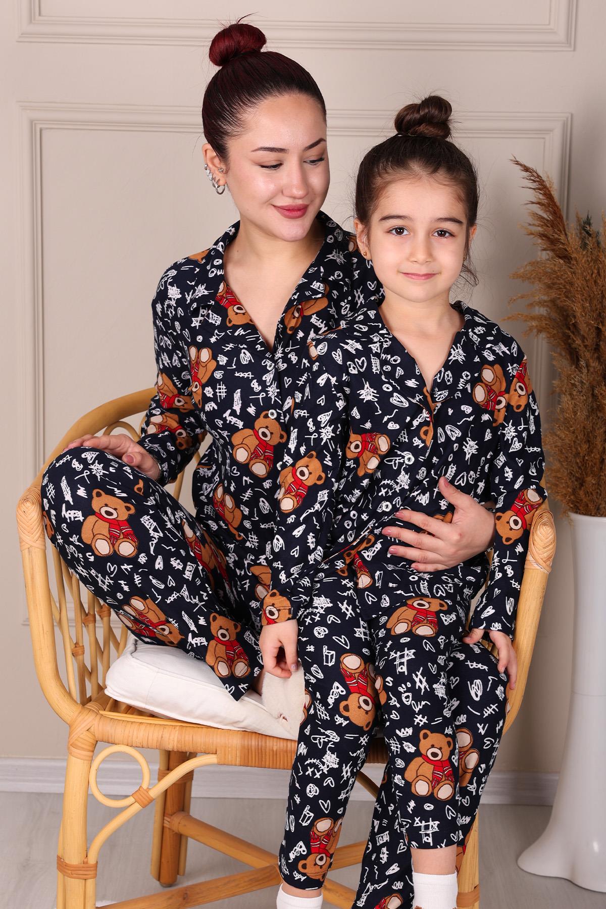 TEDDY PATTERNED SUEDE MOTHER-DAUGHTER PAJAMAS SET NAVY BLUE