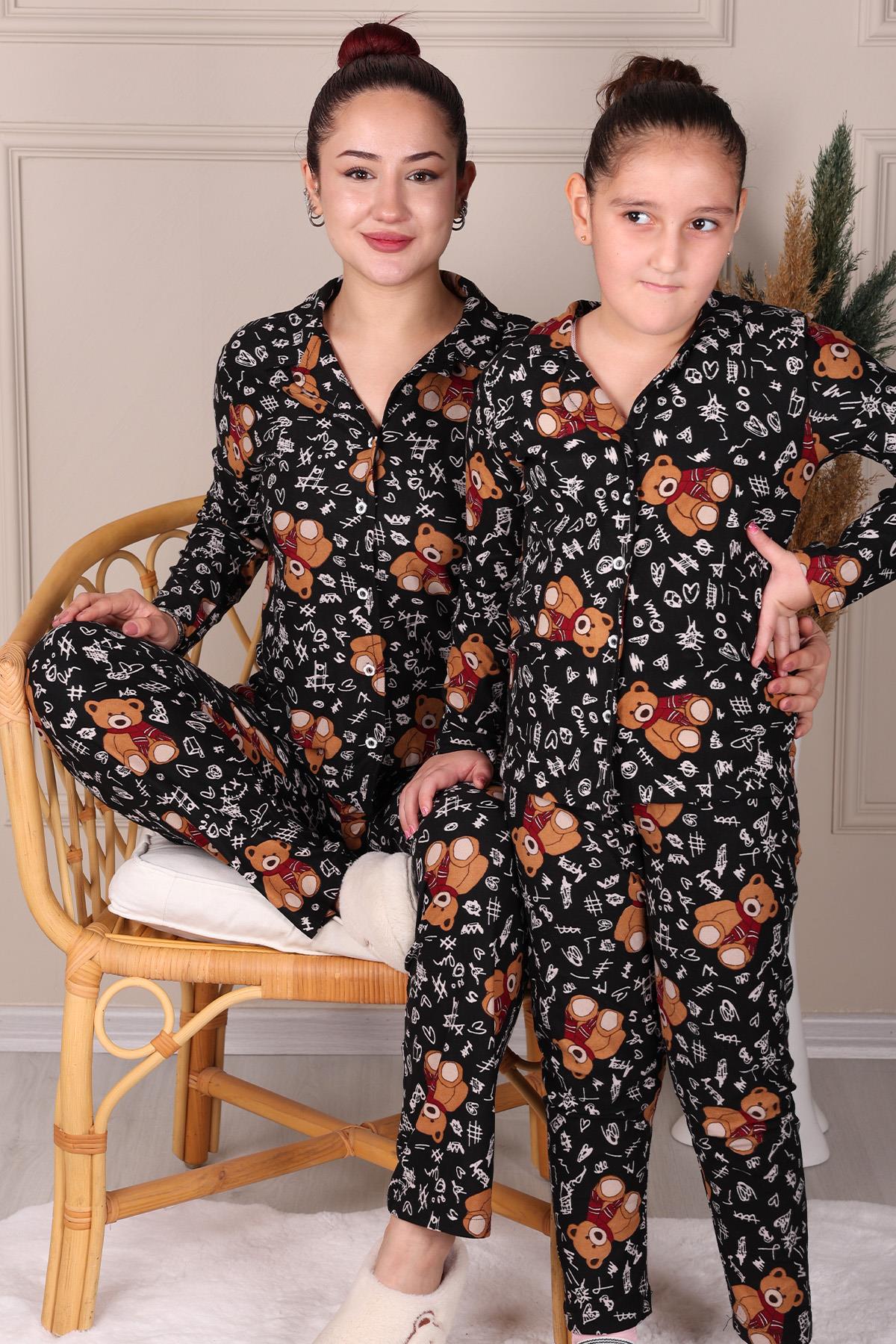 TEDDY PATTERNED SUEDE MOTHER-DAUGHTER PAJAMAS SET BLACK