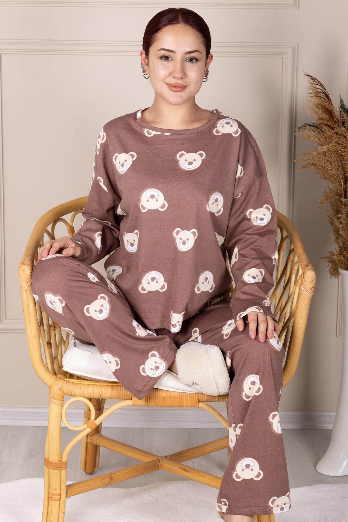 Ayıcık Desenli Uzun Kol Penye Pijama Takımı KAHVERENGİ