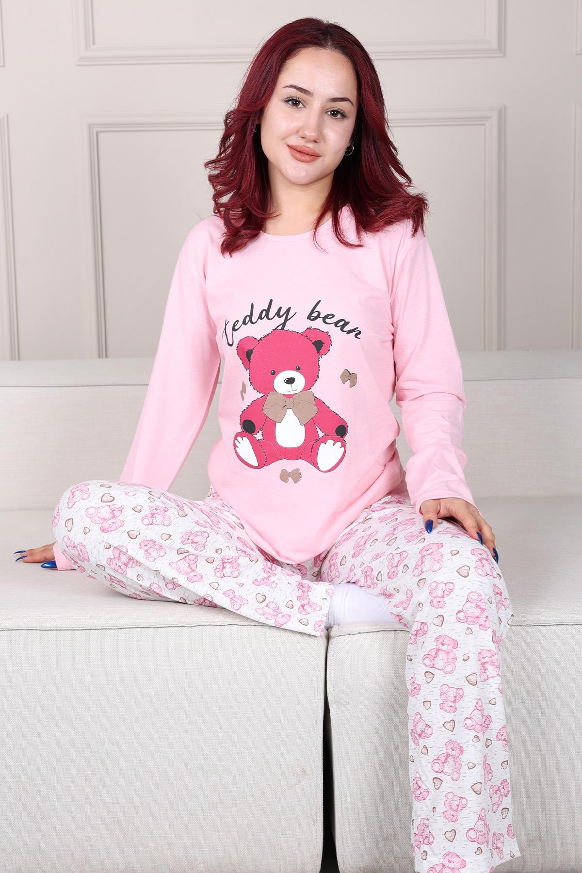 Teddy Bear Patterned Long Sleeve Pajama Set PINK