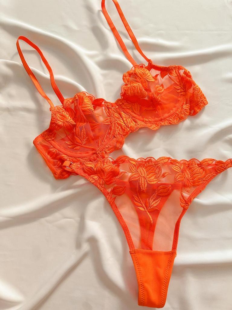 Underwire Embroidered Waist Adjustable Bra Set ORANGE