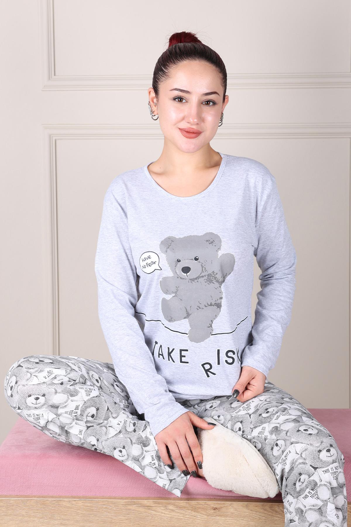 CREW COLLAR TEDDY BEAR PATTERNED PAJAMAS SET GRAY