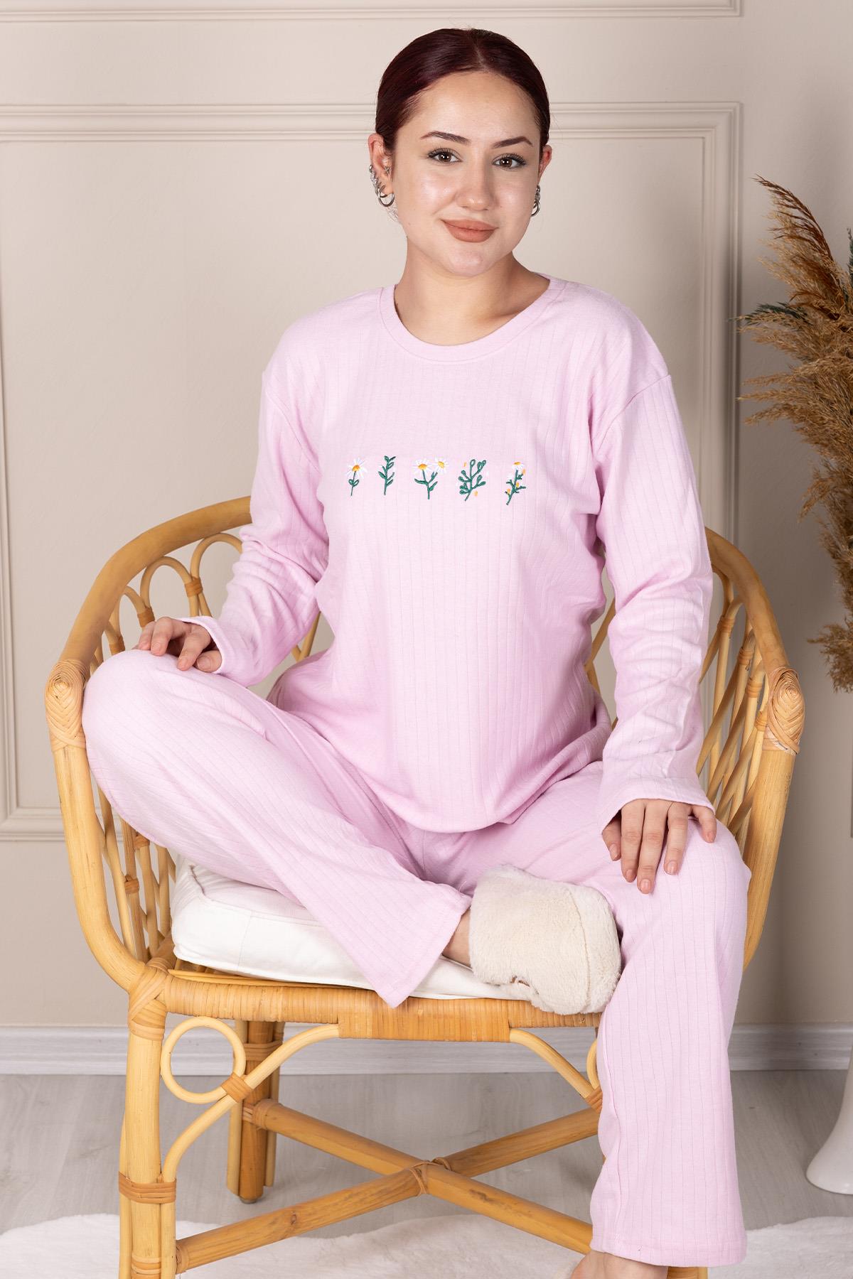CREW COLLAR EMBROIDERED PAJAMAS SET PINK