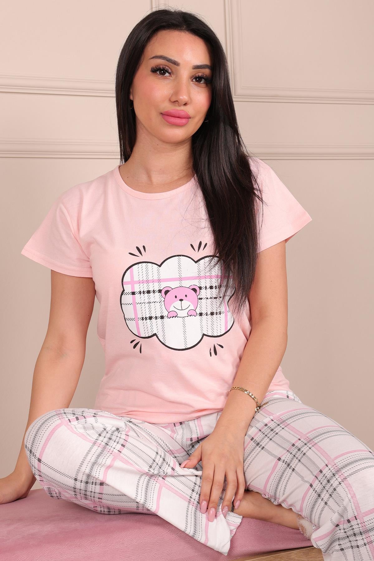 Bulut Ayıcık Desenli Kısa Kol Alt Uzun Pijama Takımı PEMBE