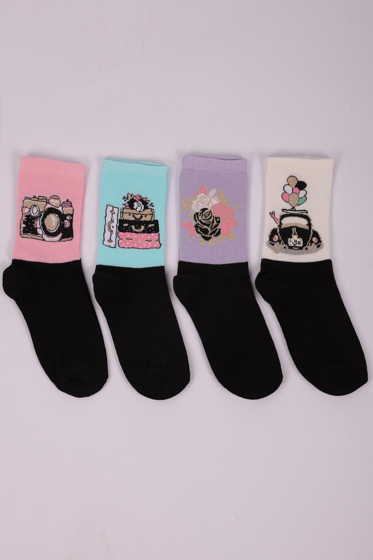 Çiçek Desenli 4'lü Kız Çocuk Soket Çorap Seti ASORTİ