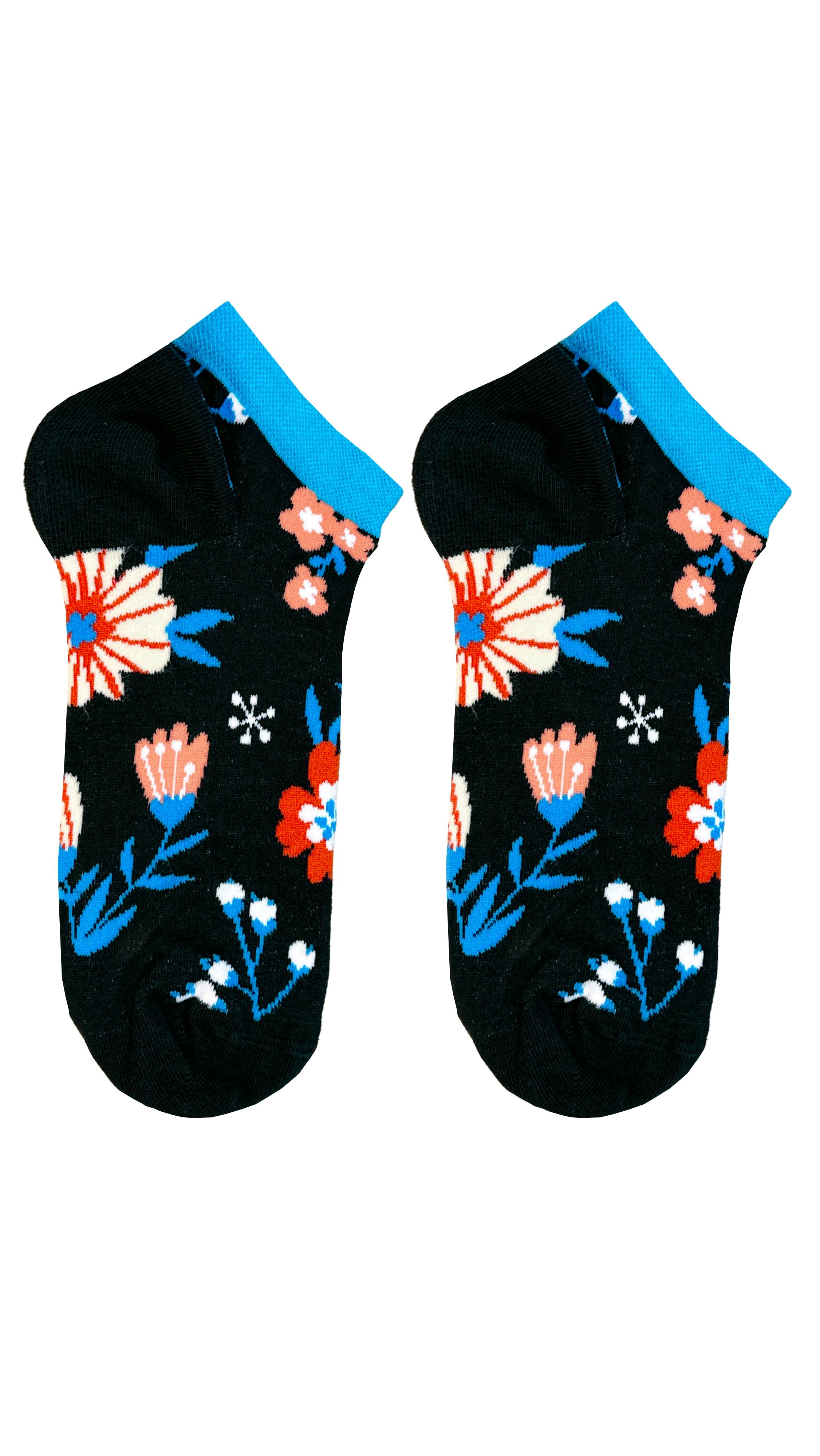 جوارب منقوشة، جوارب، زهور برتقالية زرقاء داكنة اللون