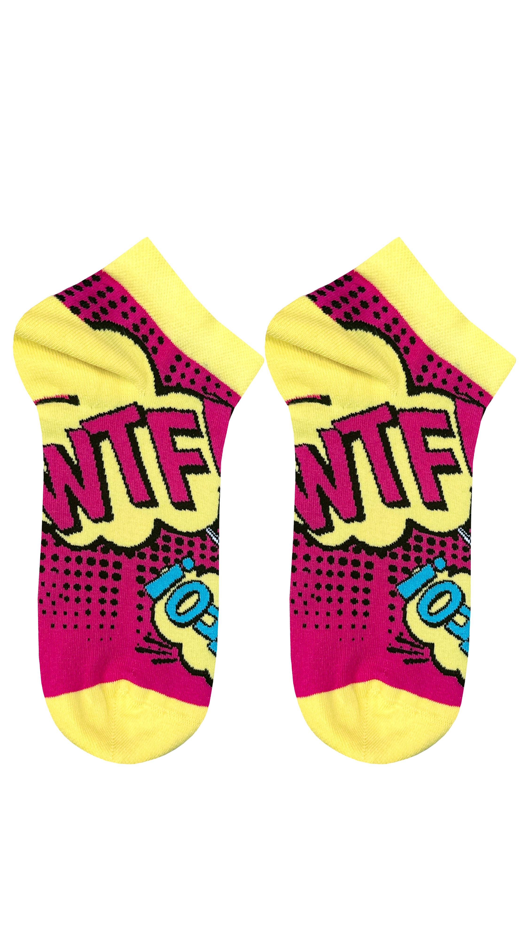جوارب منقوشة، جوارب باللون الأصفر والوردي، نص WTF
