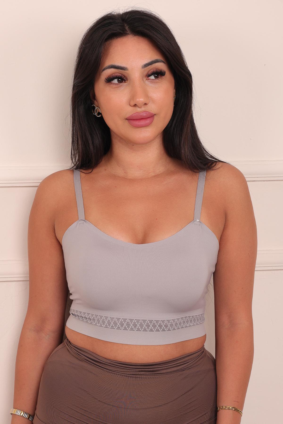 Dikişsiz Balensiz İnce Pedli Tül Dantel Belli Düz Kesim Bralet GRİ