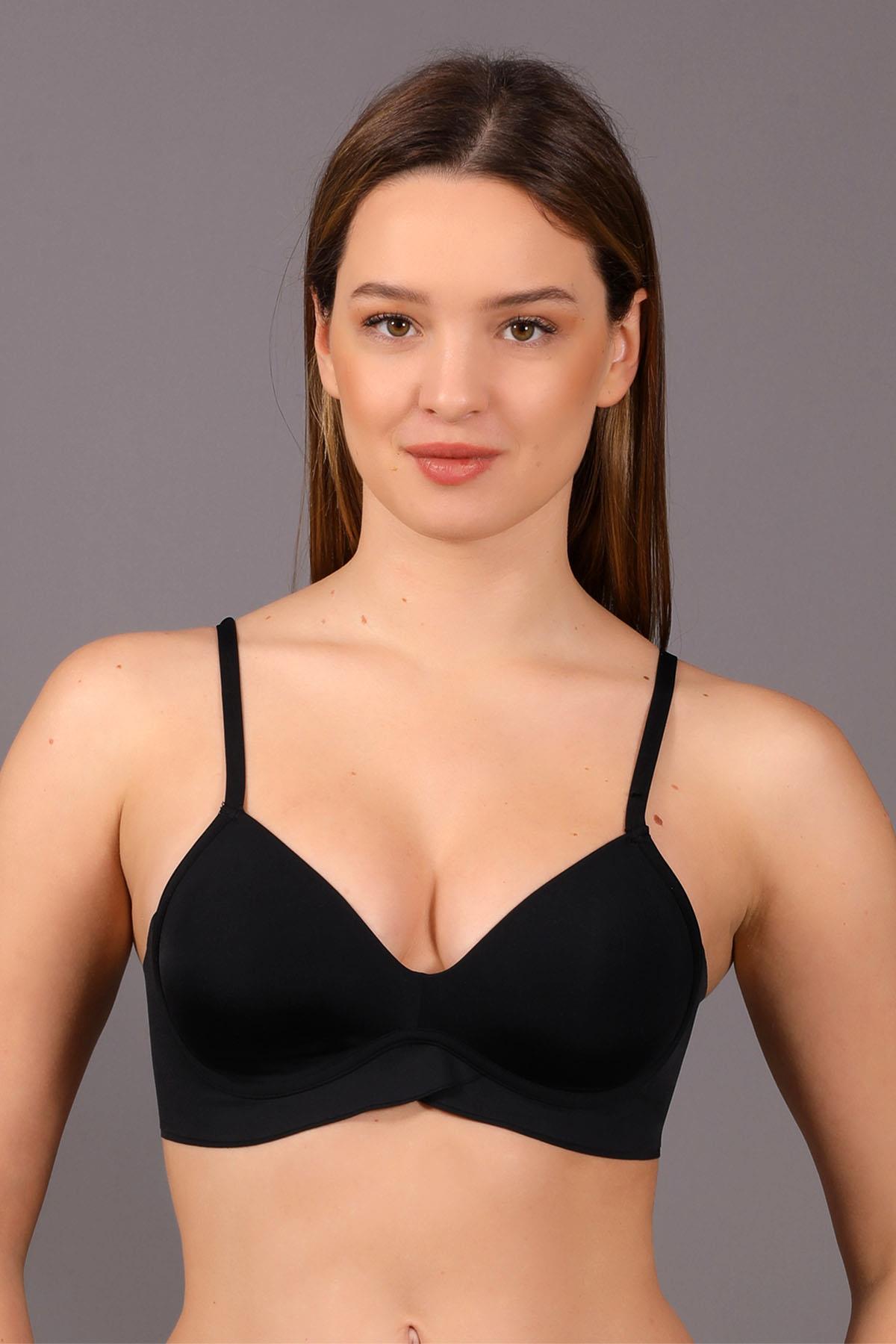 بدون خياطة، غير مبطن، مغطى، بدون أسلاك، خصر متقاطع، حمالة صدر أساسية على شكل كأس B، أسود