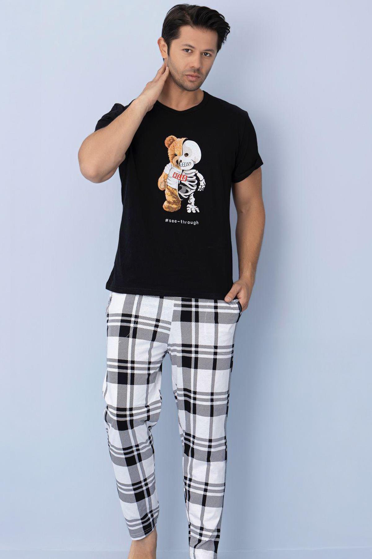 Erkek Ayıcık Desenli Kısa Kol Altı Uzun ve Ekose Desenli  Pijama Takımı Siyah