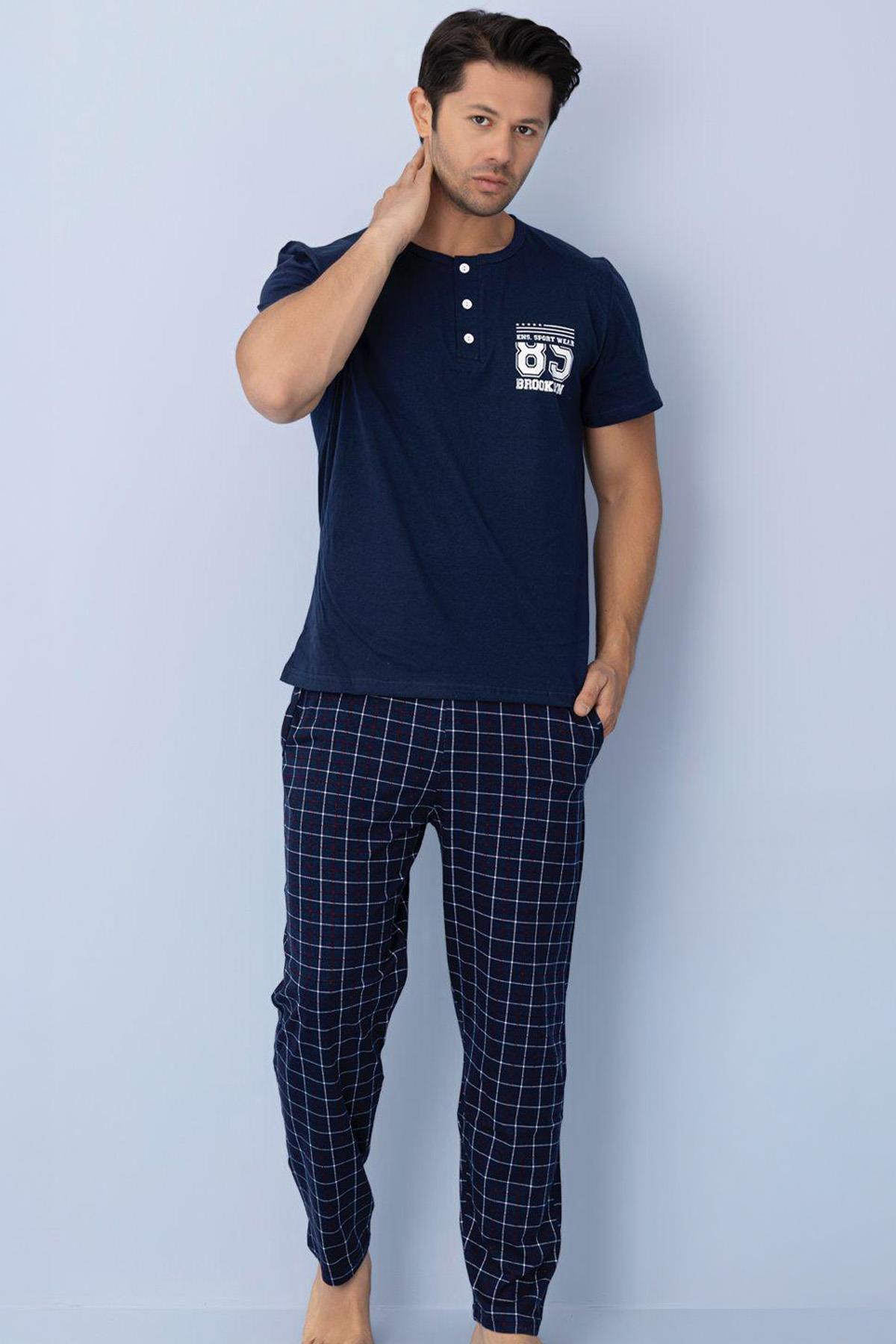 Erkek Baskılı Kısa Kol Altı Uzun ve Ekose Desenli  Pijama Takımı Lacivert