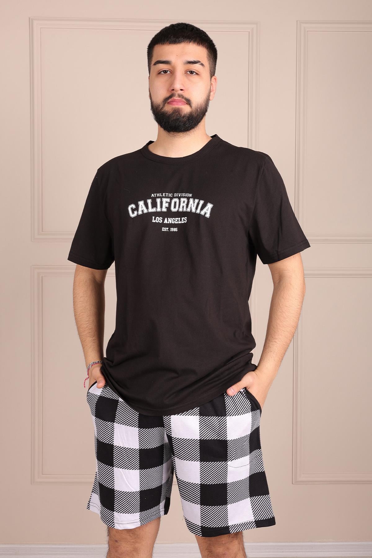 Erkek California Sloganlı Kısa Kol Şortlu Pijama Takımı SİYAH