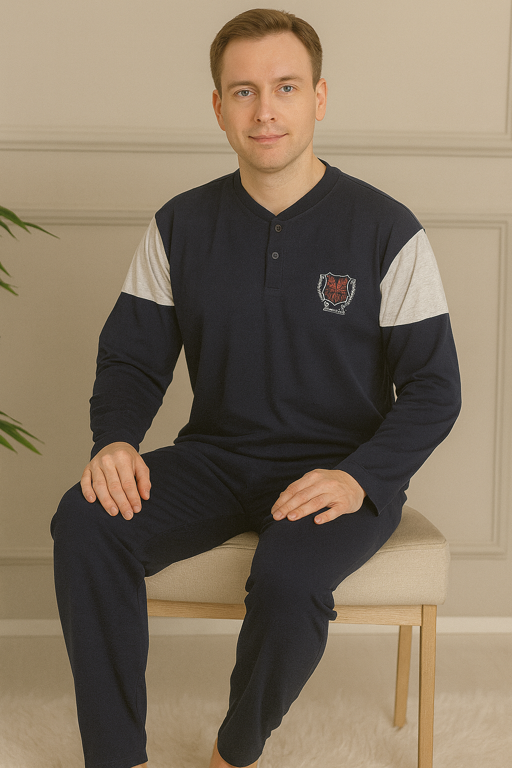 Erkek İnterlok Uzun Kol Yakası İki Düğmeli Göğsü Nakış İşlemeli Altı Uzun Pijama Takımı