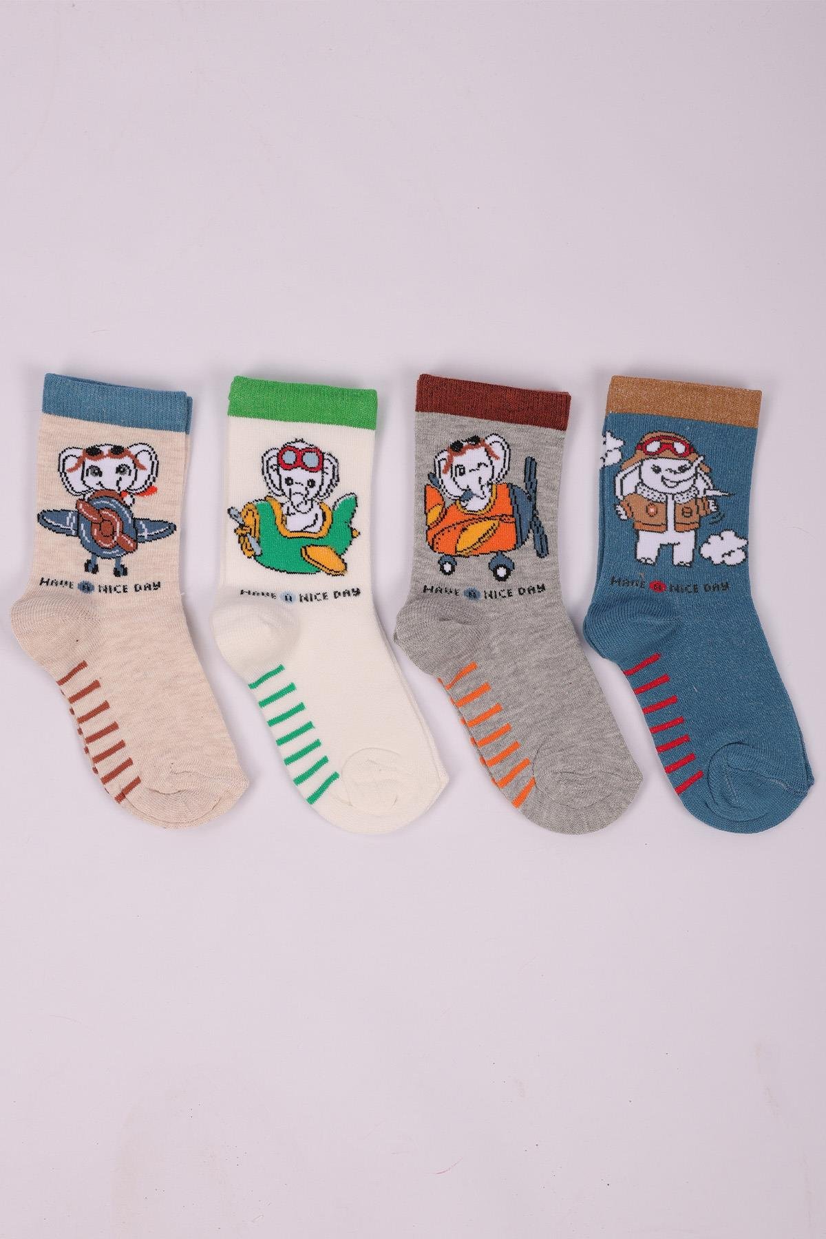 Fil Desenli 4'lü Erkek Bebek Soket Çorap Seti ASORTİ