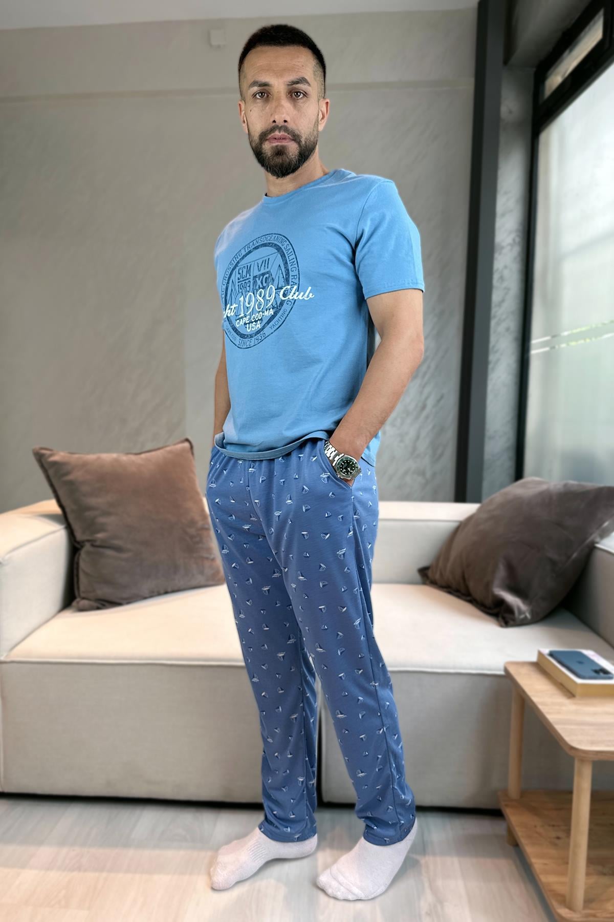 Ship Patterned Slogan Men's Pajama Set