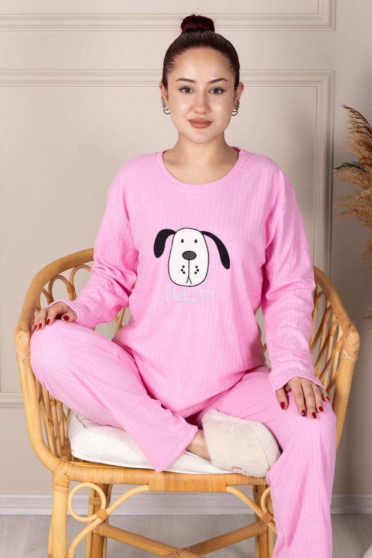 Hello Slogan Dog Pattern Embroidered Ribbed Long Sleeve Pajama Set PINK