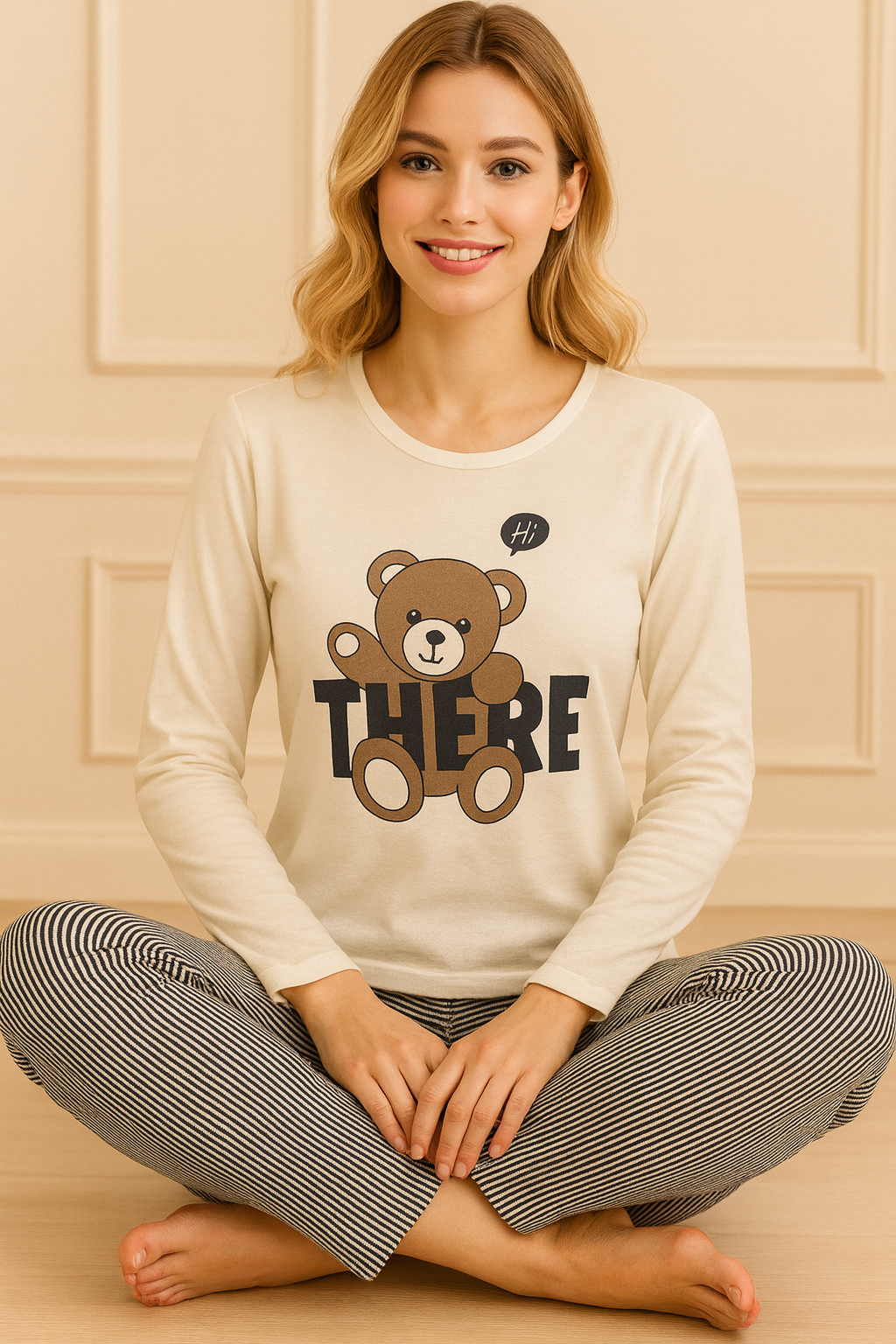 Kadın Ayıcık Baskılı ve  Sloganlı  Altı  Desenli Bisiklet Yaka Uzun Kol Altı Uzun Penye Pijama Takımı