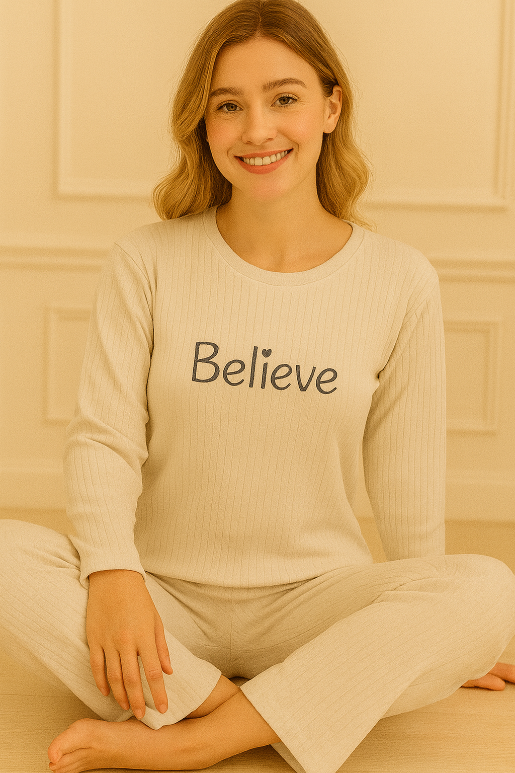 Kadın Believe İşlemeli ve Fitilli Bisiklet Yaka Uzun Kol Altı Uzun Pamuklu Pijama Takımı