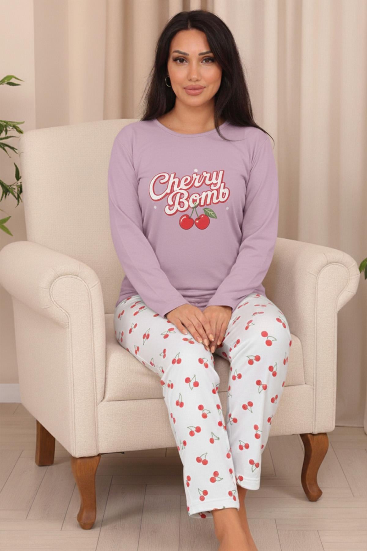 Kadın Cherry Bomb Sloganlı Altı Vişne Desenli  Bisiklet Yaka Uzun Kol Altı Uzun Penye Pijama Takımı