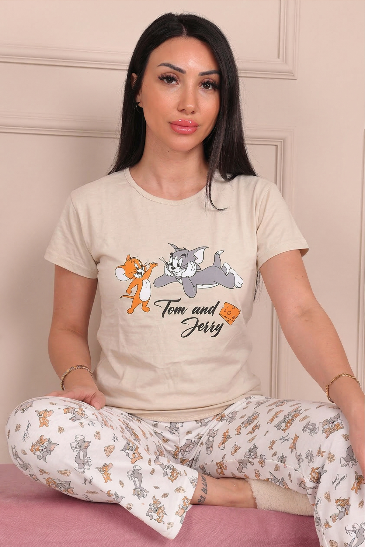Kadın Çizgi Film Karakter Desenli  Kısa Kollu Pijama Takımı
