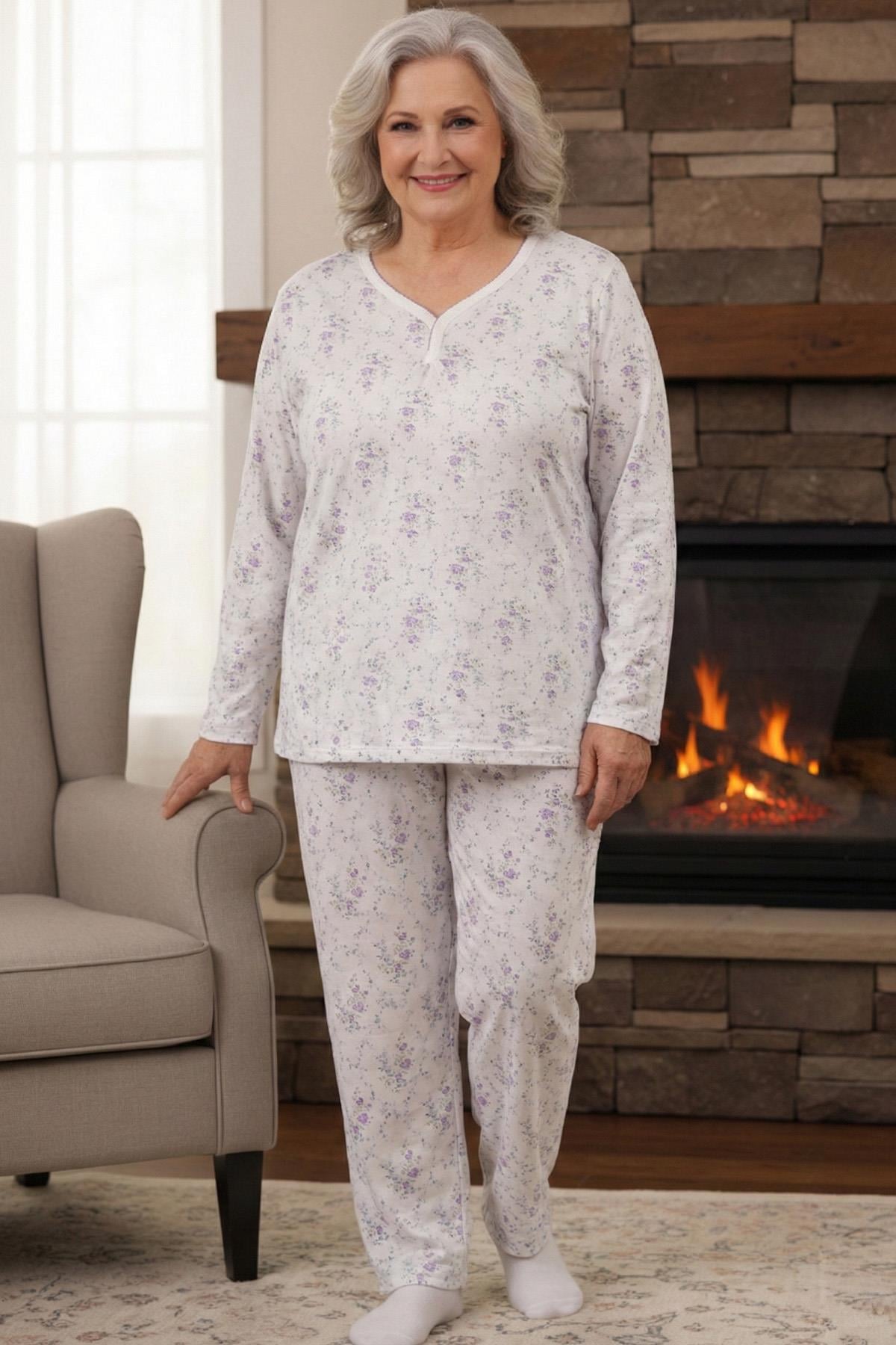 Kadın Desenli Biye Yakalı İnterlok Uzun Kol Altı Uzun Penye Anne  Pijama Takımı