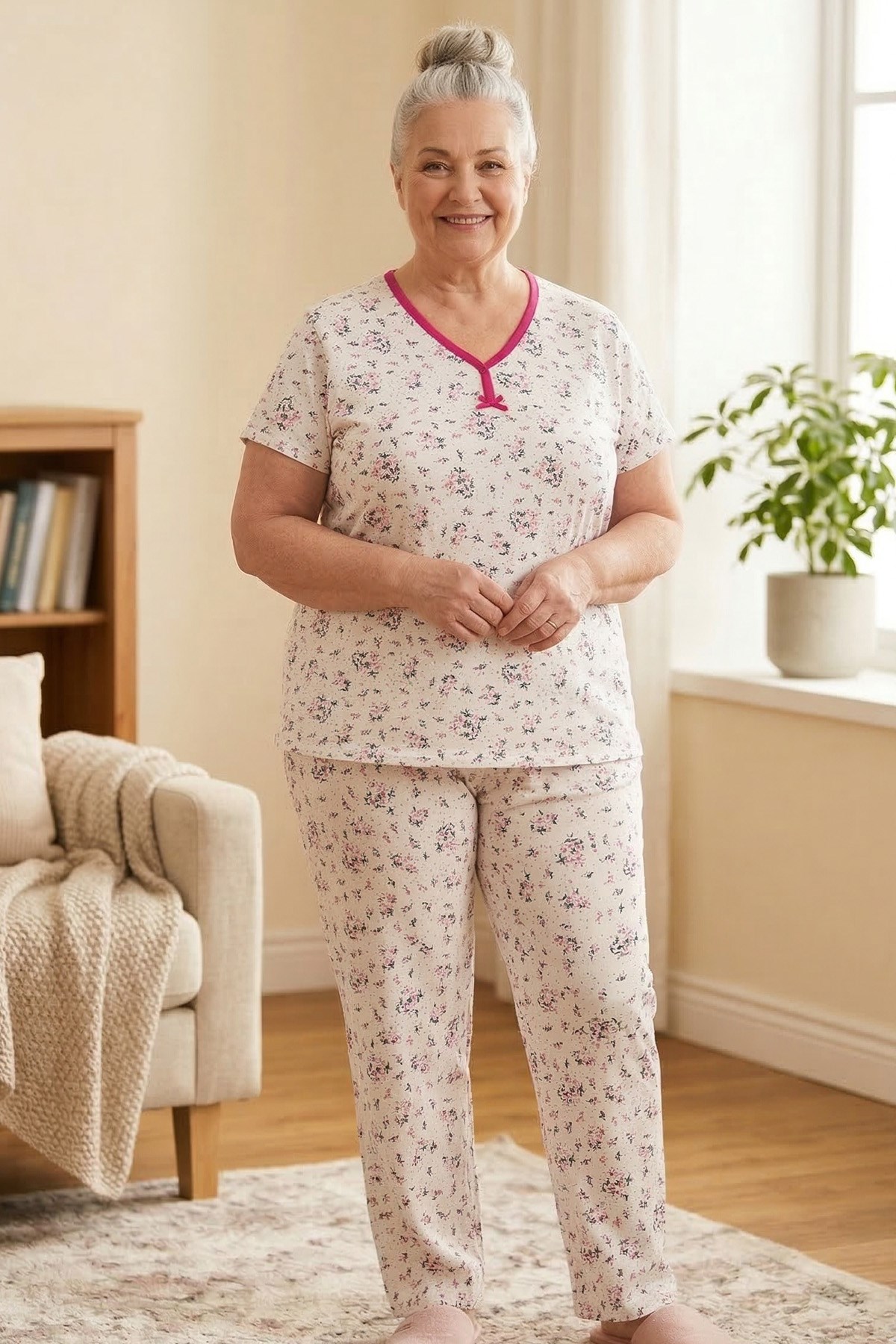 Kadın Desenli Biye Yakalı Kısa Kol Altı Uzun Penye Anne  Pijama Takımı