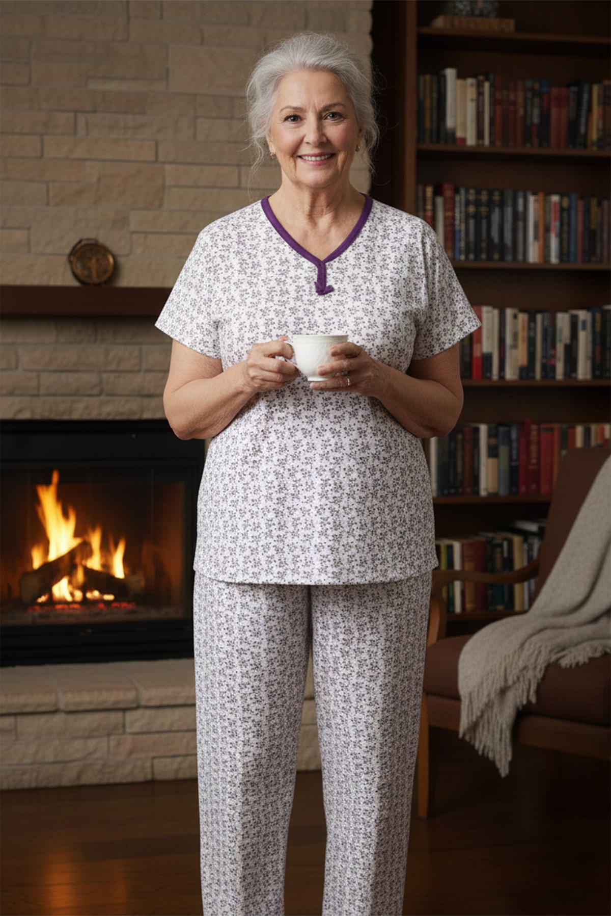 Kadın Desenli Biye Yakalı Uzun Kol Altı Uzun Penye Anne  Pijama Takım