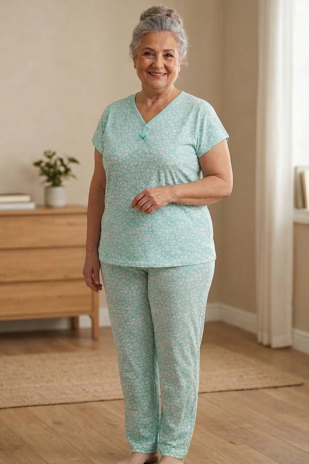 Kadın Desenli Biye Yakalı Kısa Kol Altı Uzun Penye Anne  Pijama Takımı