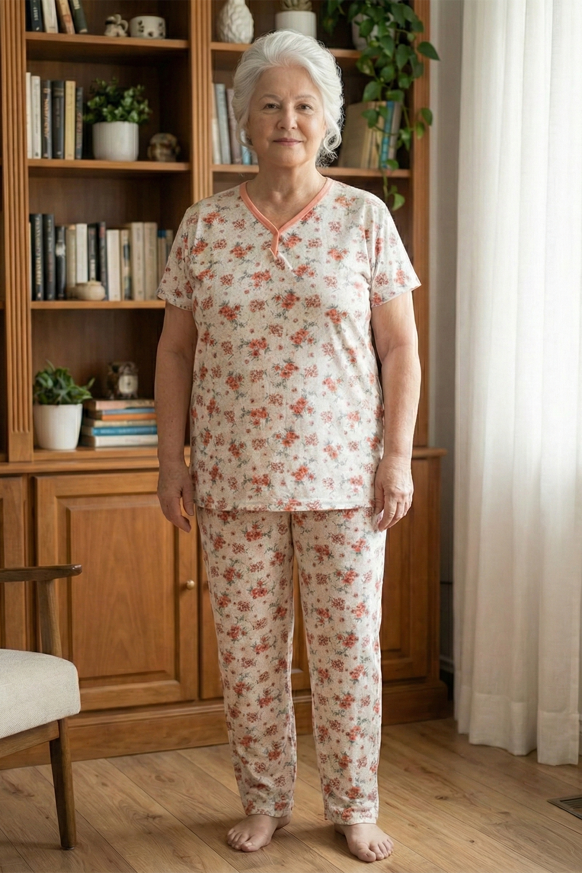 Kadın Desenli Biye Yakalı Kısa Kol Altı Uzun Penye Anne  Pijama Takım