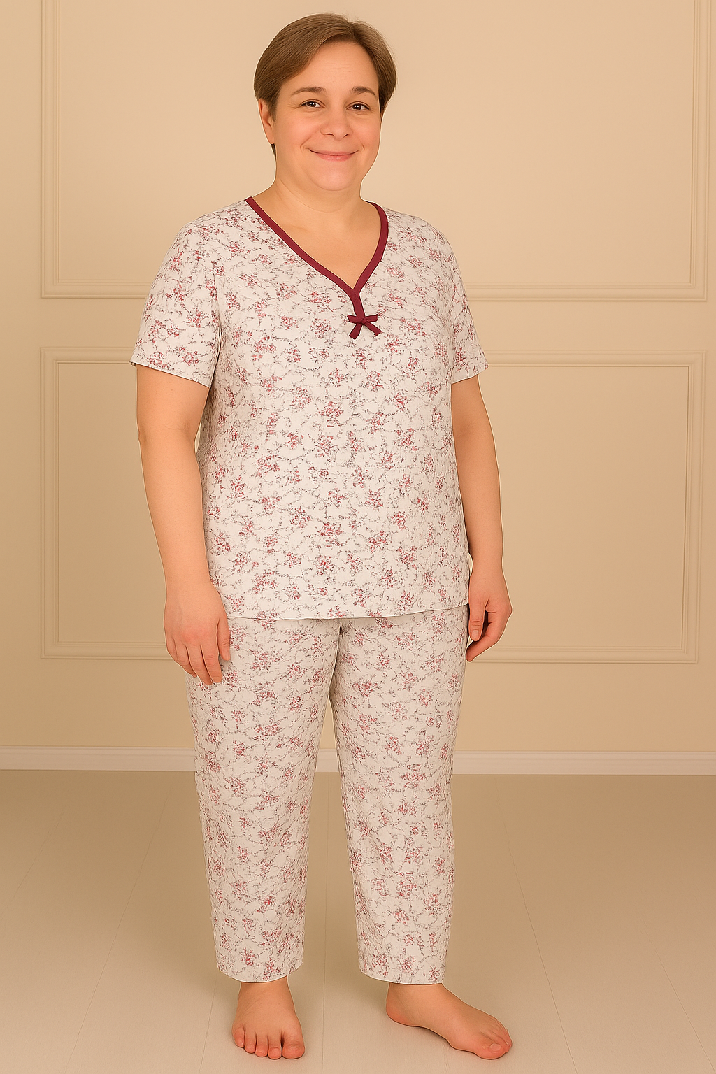 Kadın Desenli Biye Yakalı Kısa Kol Altı Uzun Penye Anne  Pijama Takım