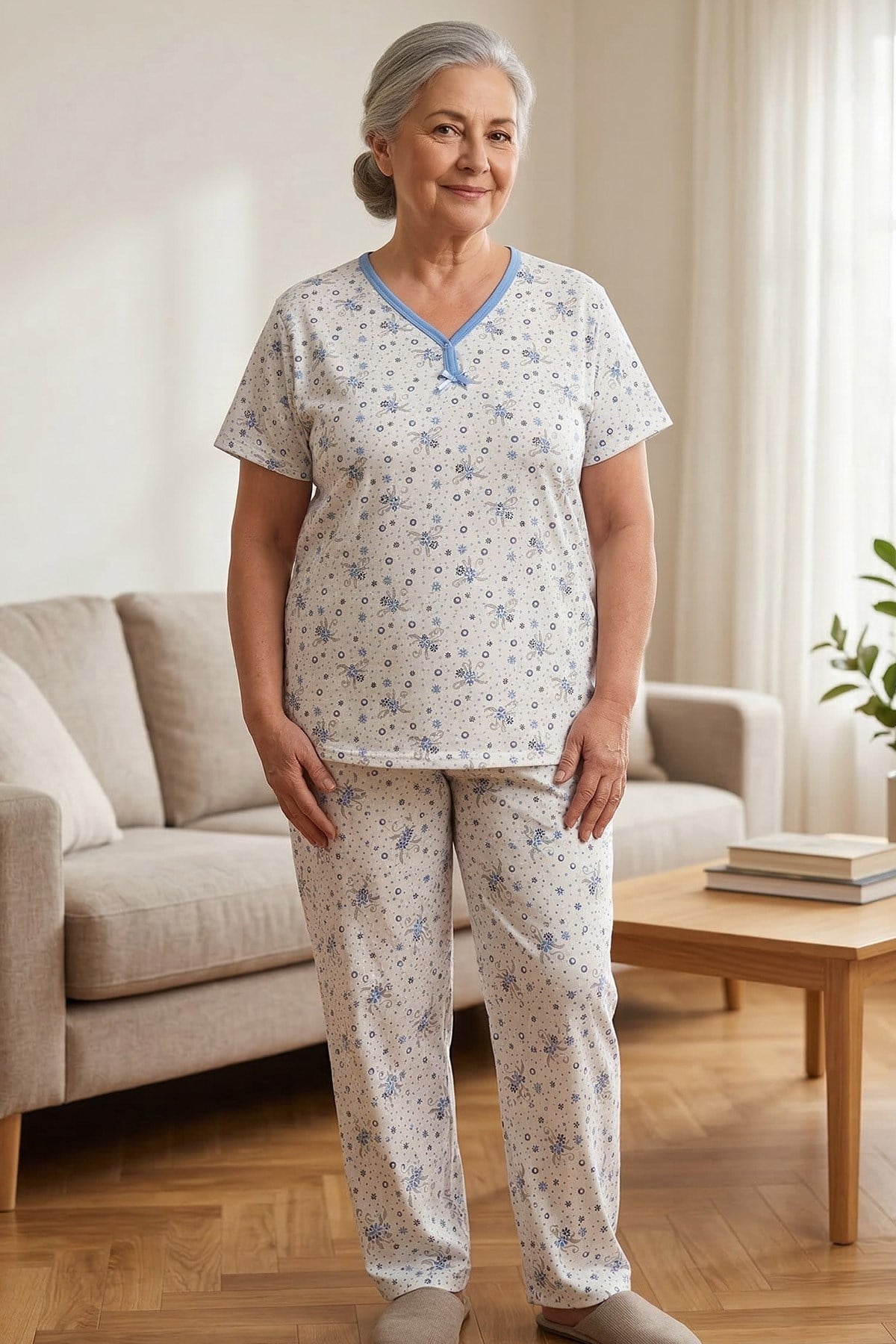 Kadın Desenli Biye Yakalı Kısa Kol Altı Uzun Penye Anne  Pijama Takımı