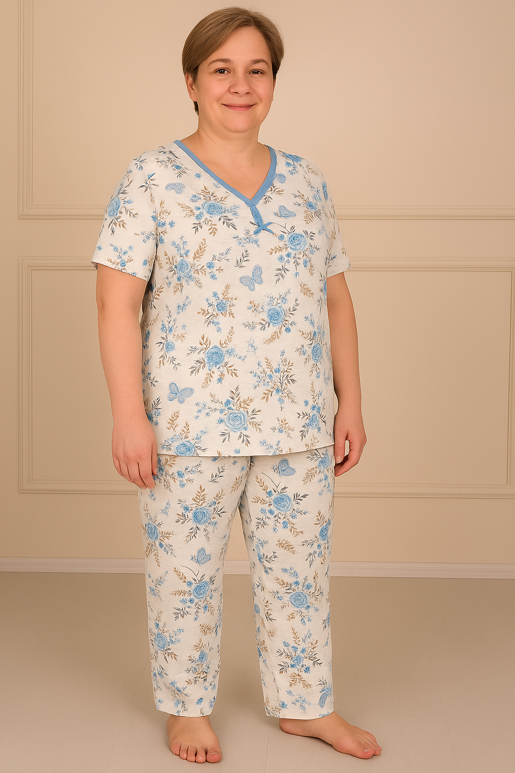 Kadın Desenli Biye Yakalı Kısa Kol Altı Uzun Penye Anne  Pijama Takım