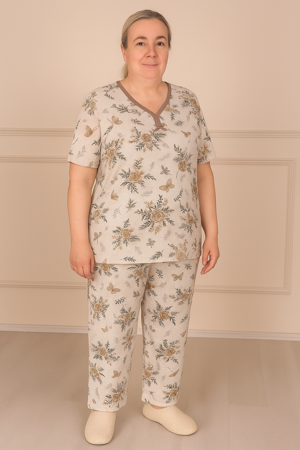 Kadın Desenli Biye Yakalı Uzun Kol Altı Uzun Penye Anne  Pijama Takım