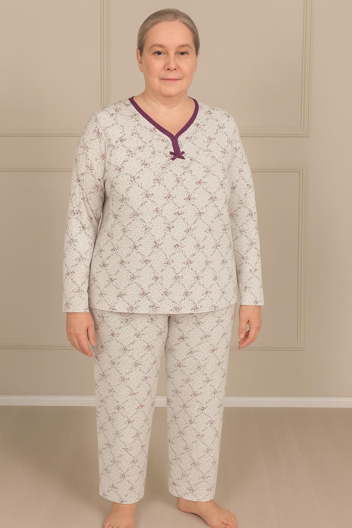 Kadın Desenli Biye Yakalı Uzun Kol Altı Uzun Penye Anne  Pijama Takım