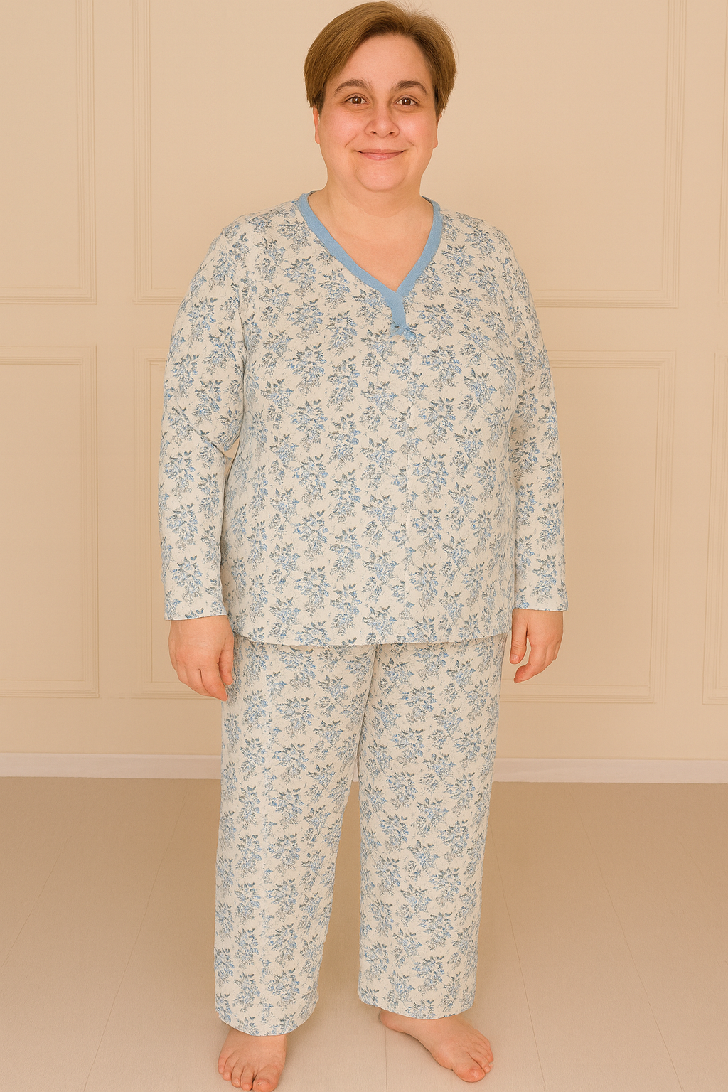 Kadın Desenli Biye Yakalı Uzun Kol Altı Uzun Penye Anne  Pijama Takımı