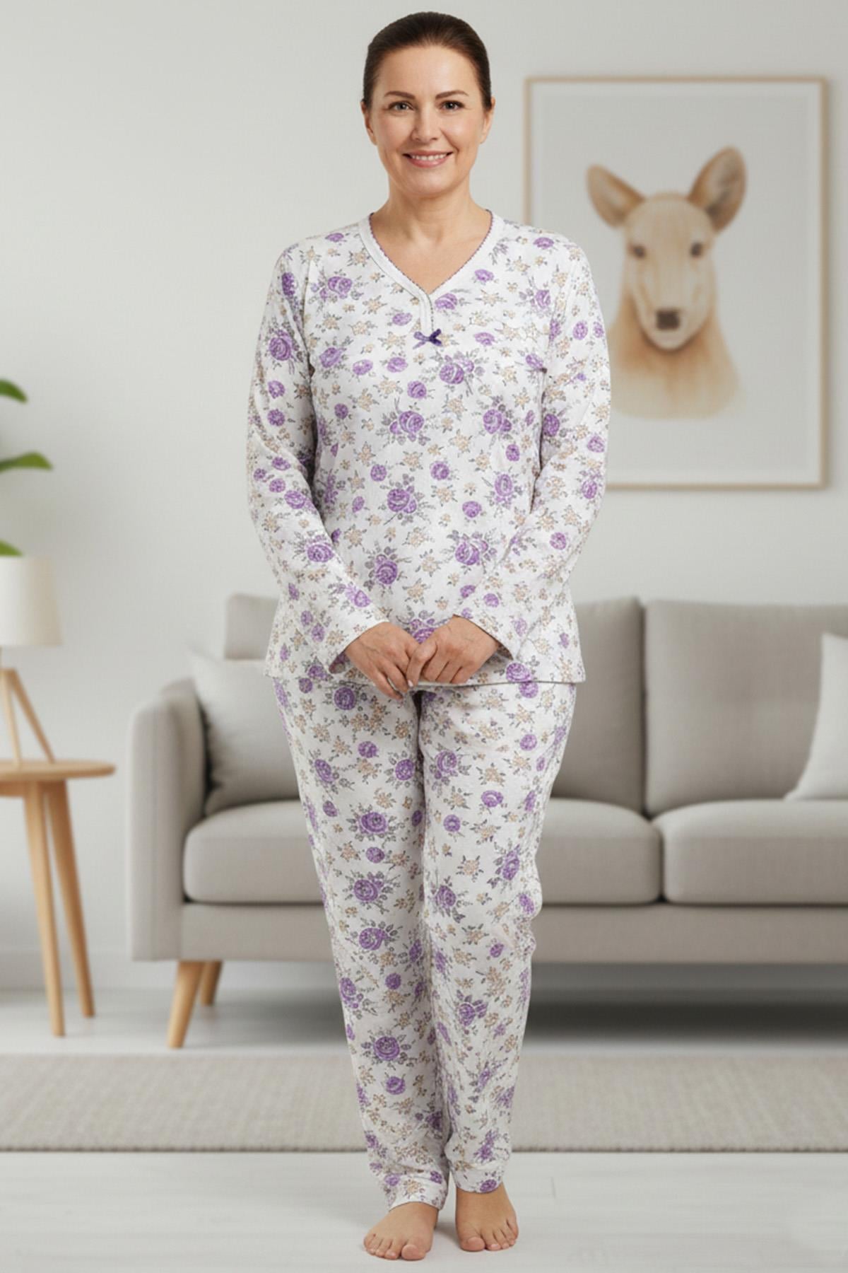 Kadın Desenli Biye Yakalı Uzun Kol Altı Uzun Penye Anne  Pijama Takımı