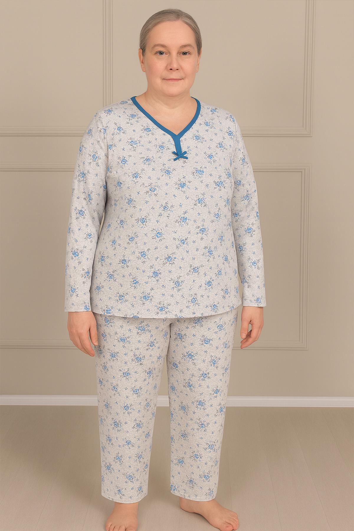 Kadın Desenli Biye Yakalı Uzun Kol Altı Uzun Penye Anne  Pijama Takım